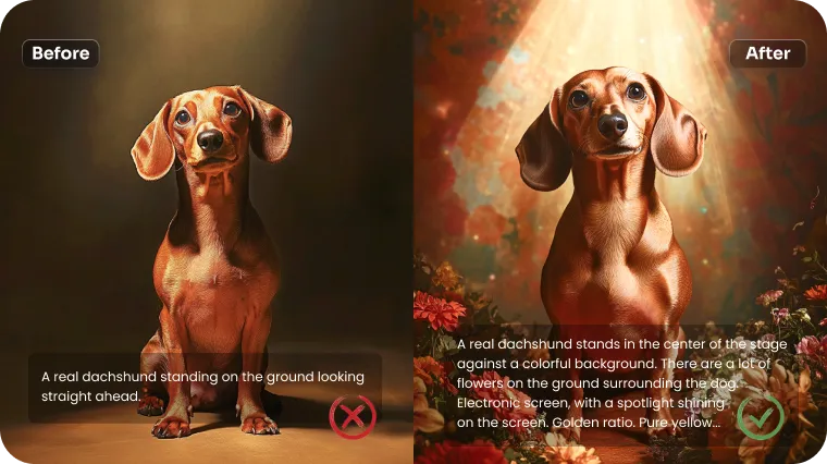 Effetto contrastante nell’uso di prompt semplici e dettagliati di sfondo e illuminazione per generare immagini AI in AI Ease
