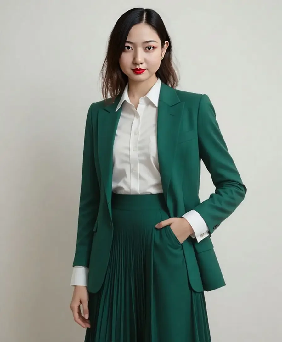 AI가 생성한 녹색 정장을 입은 여성 프로필 사진