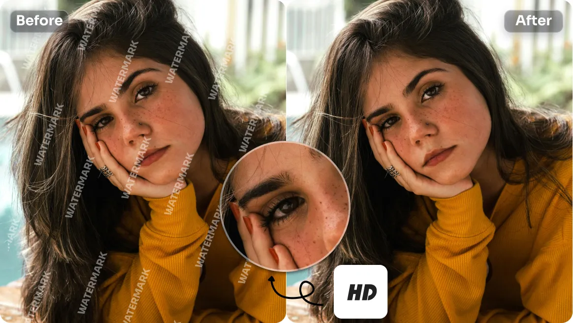 remove full screen watermark from female portrait without harming background in AI Ease