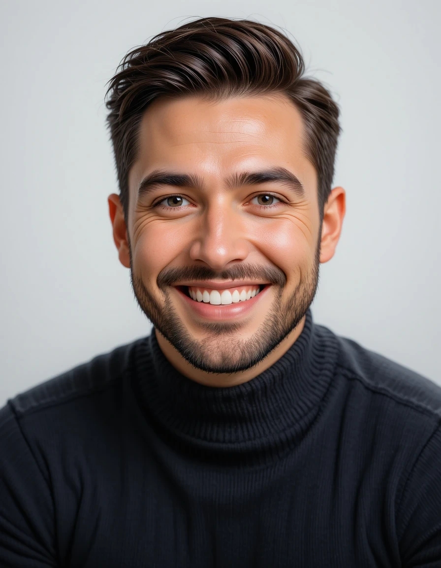 a close up portrait of a man wearing black sweater smiling friendly at camera