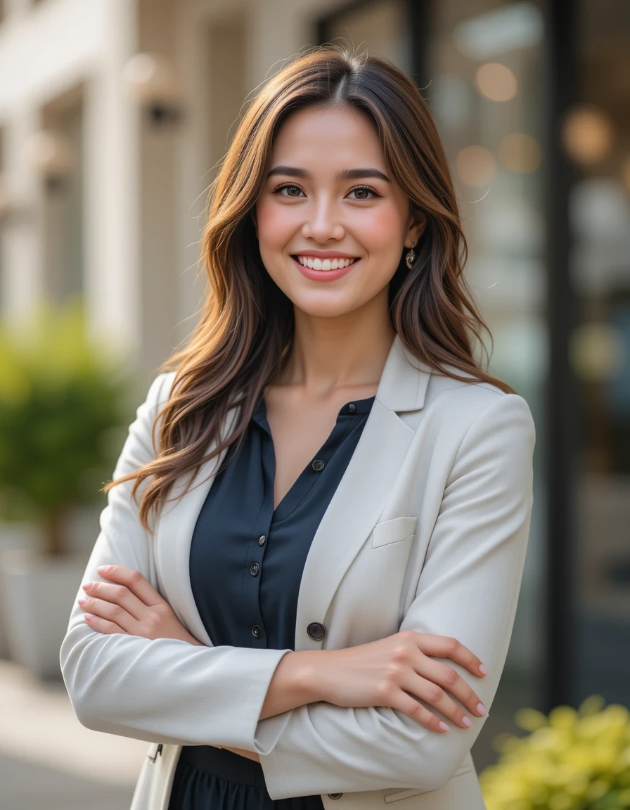 a female real estate agent crossing her hands and looking at camera standing outside of a coffee shop