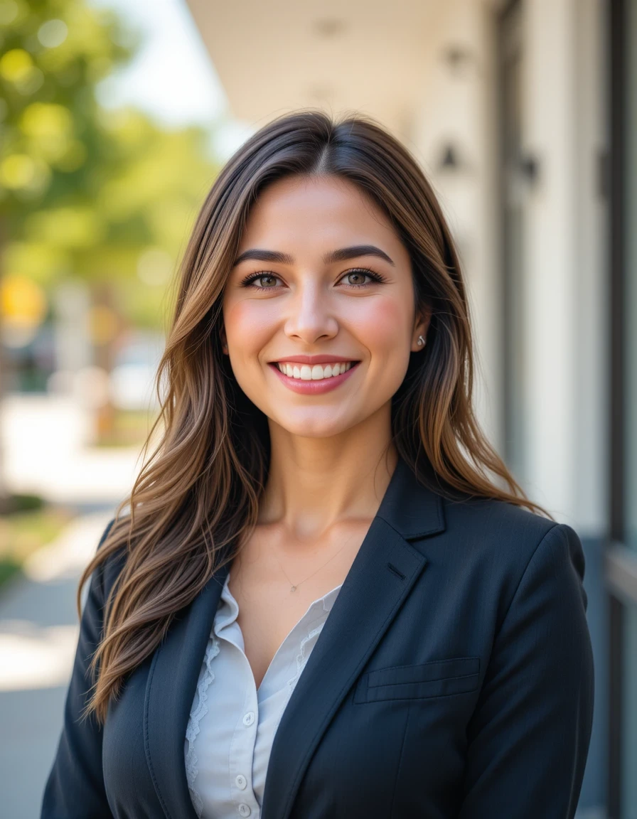 a female real estate agent smiling naturally with an outside background