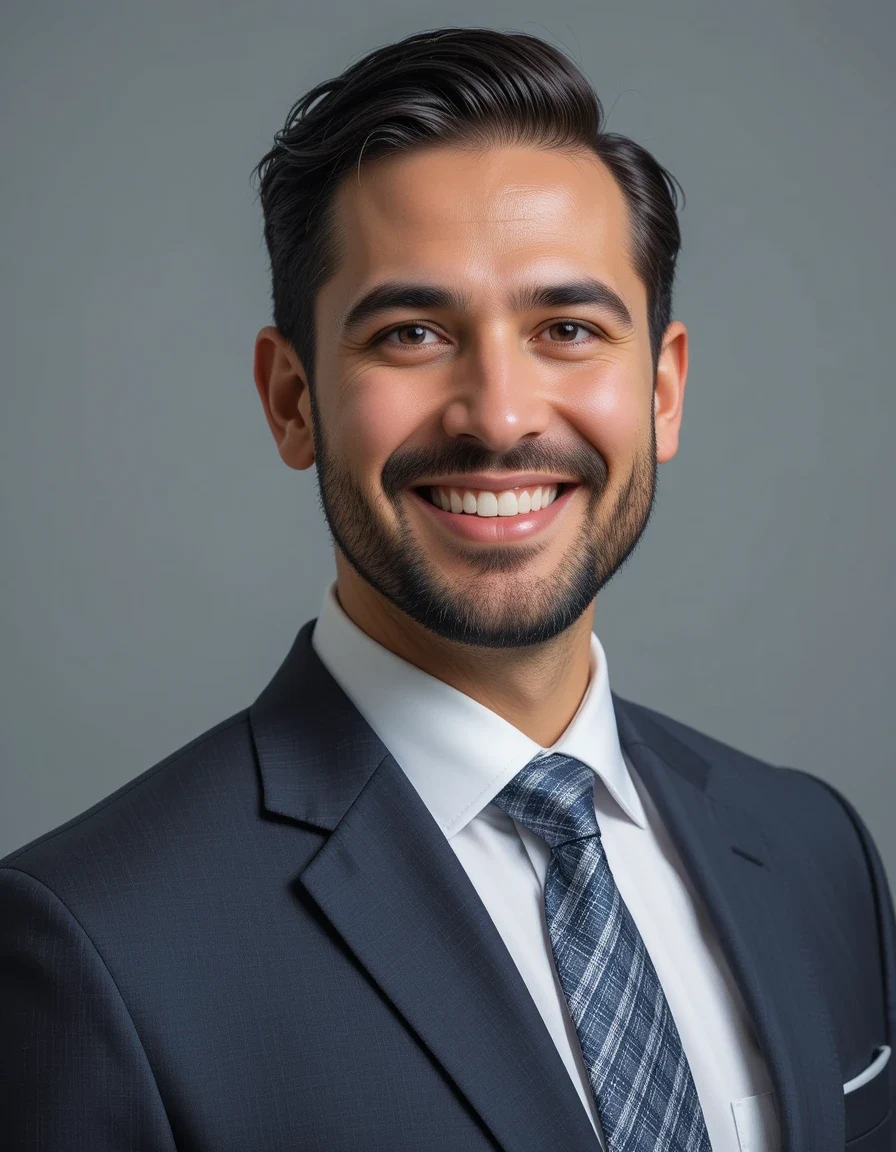 a male real estate agent wearing suit and tie smiling naturally with a grey studio background