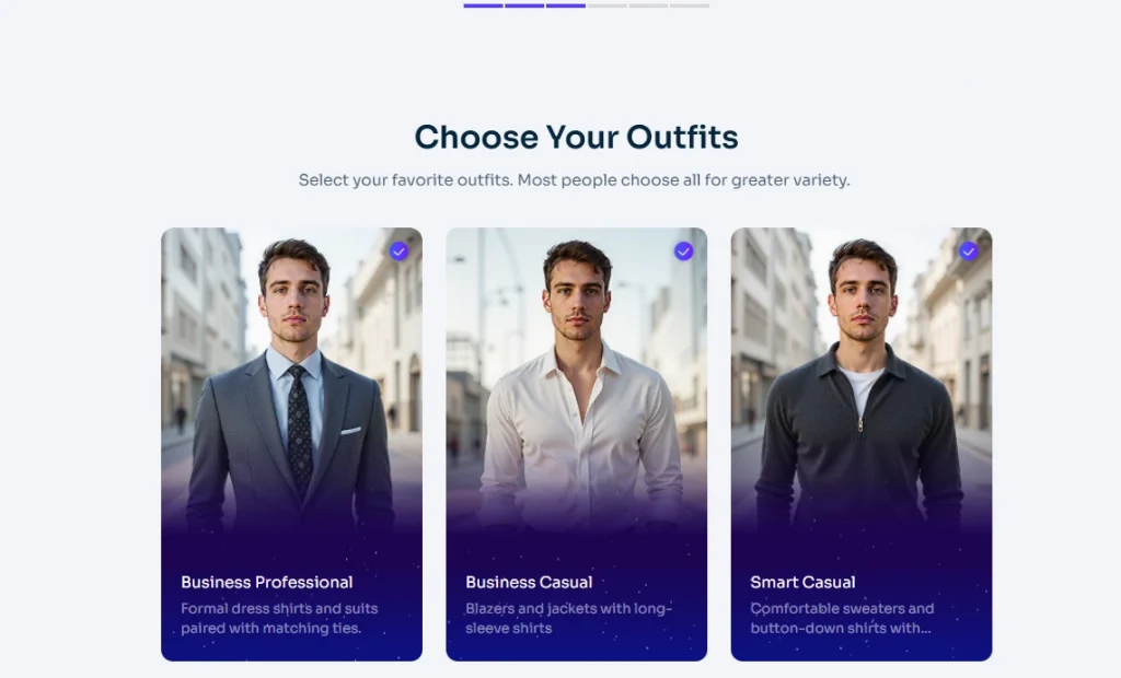 Wählen Sie Outfits aus ai Leichtigkeit Schauspieler Headshot Generator