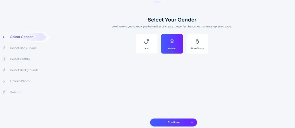 在 AI Ease 的 AI頭像 產生器上選擇性別和體型