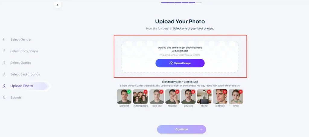 caricare un selfie nitido per ottenere un'accurata fotografia frontale dell'AI su AI Ease