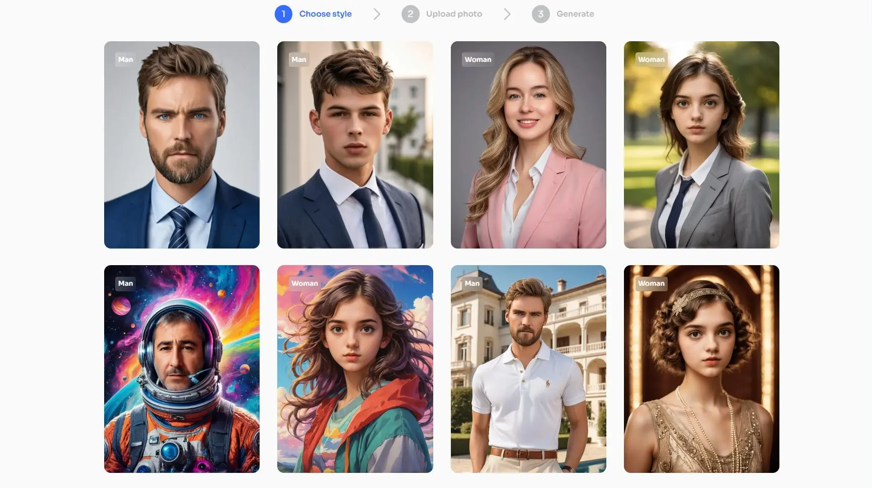 Página de estilo de fotografia de rosto AI Ease grátis