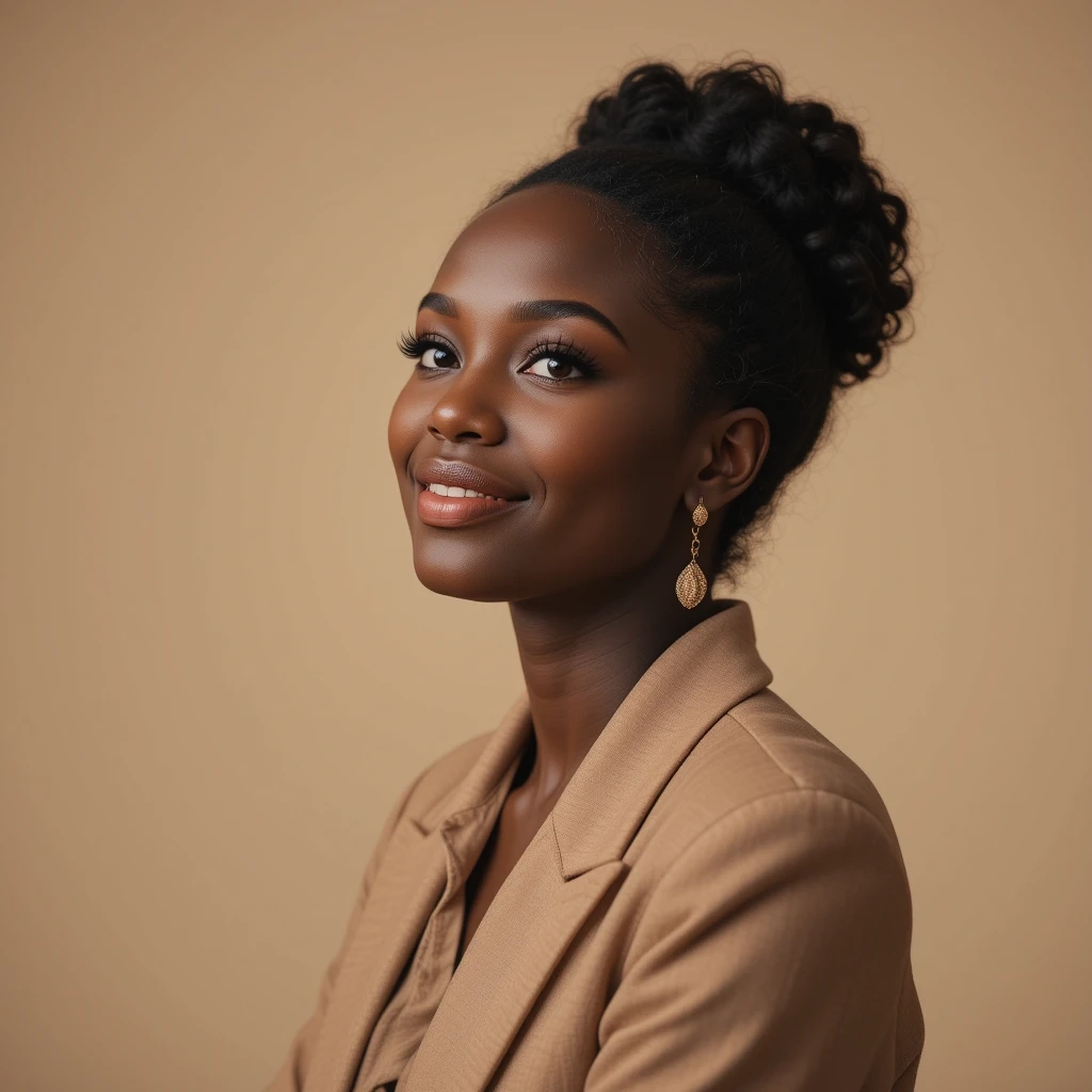 um headshot de uma mulher negra que não está a olhar para a câmara com um fato cor de laranja