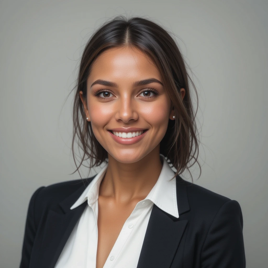 um retrato de rosto profissional sorridente de uma mulher com fato a preto e branco
