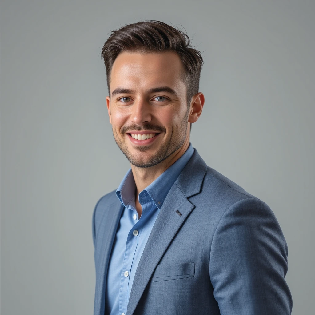 um headshot masculino sorridente com uma inclinação confiante