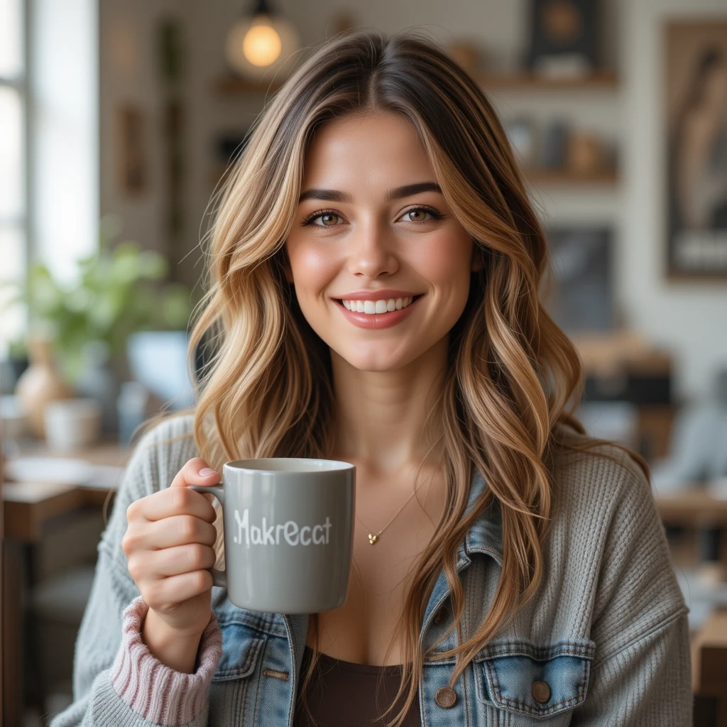 uma mulher branca sorridente segura uma caneca de café e olha para a câmara