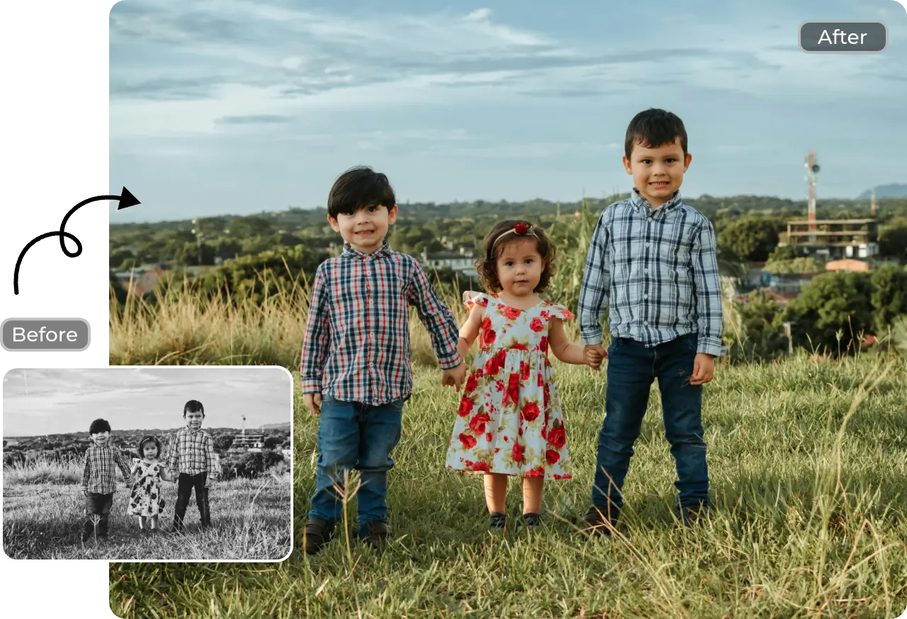 Vorher-Nachher-Effekt der Wiederherstellung des Gruppenfotos der Kinder mit dem kostenlosen AI Ease Tool zur Wiederherstellung von AI-Fotos