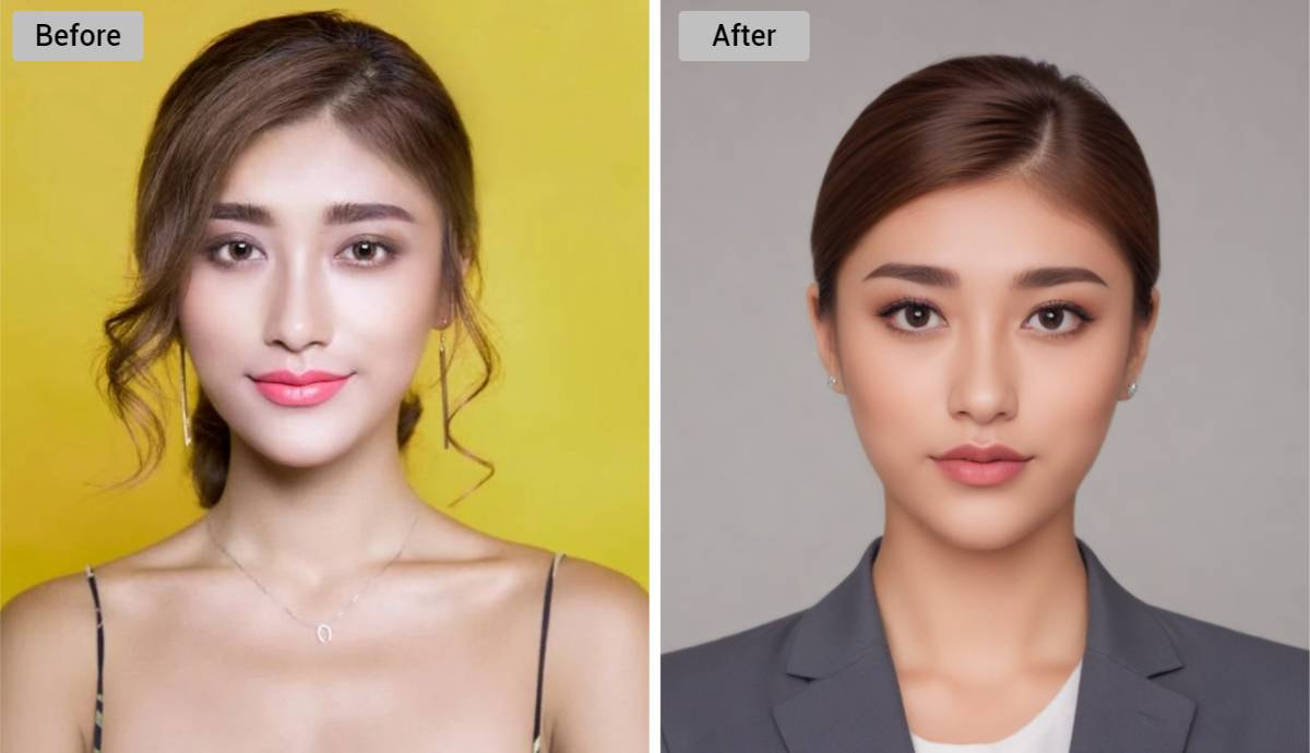 aiヘッドショットジェネレーターを使って女性の自撮り写真をプロのヘッドショットにするビフォーアフター効果