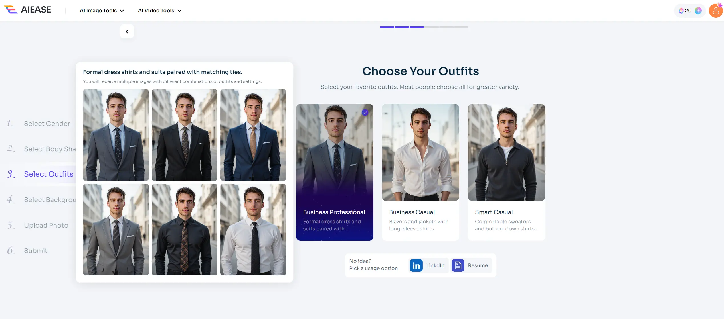 choose your desired headshot outfits with ai ease ai headshot generator