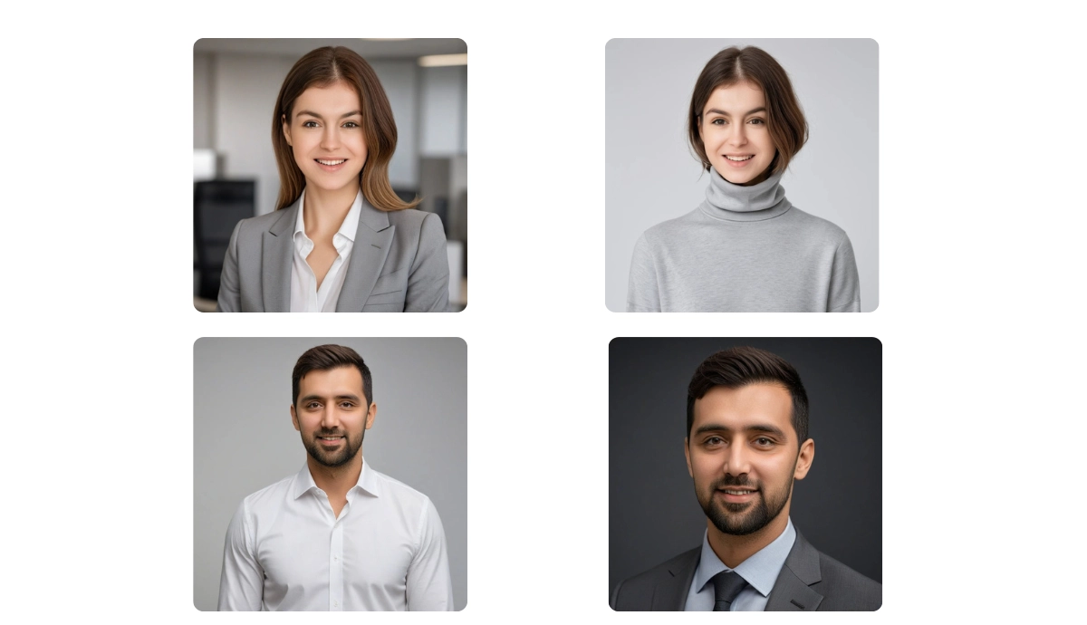 quatre photos professionnelles d'hommes et de femmes générées par le générateur de photos d'aisance ai