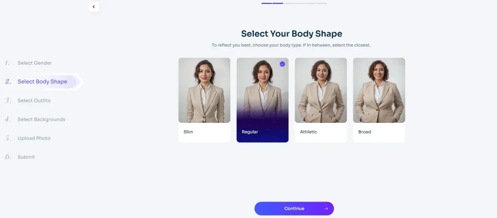 scegliete abiti e sfondo sul generatore di fototessere AI di AI Ease
