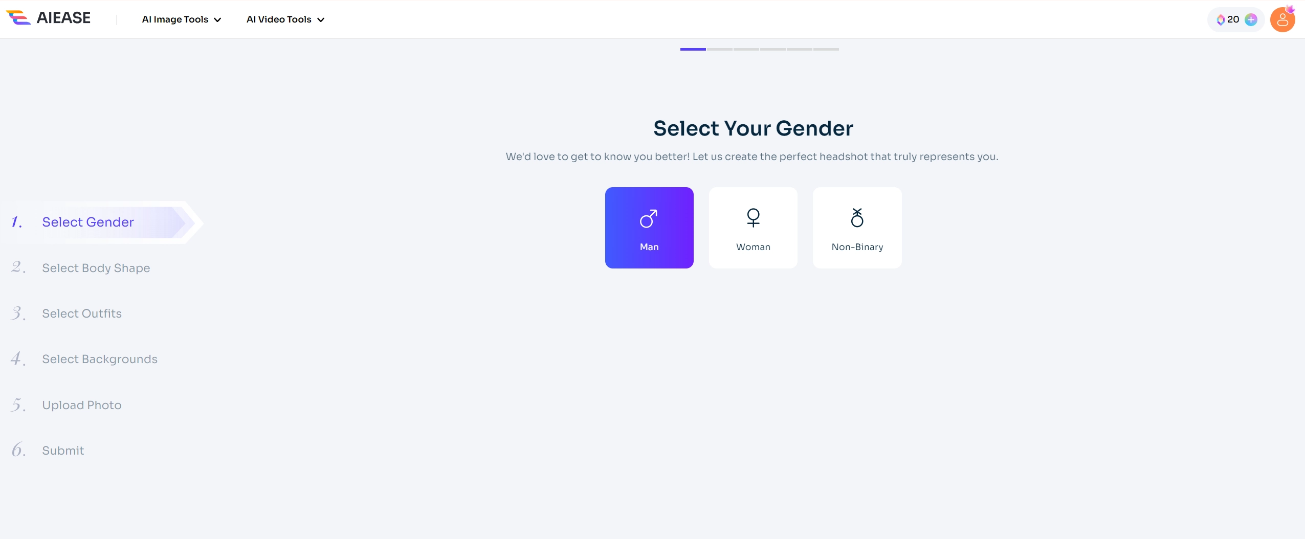 select your gender for the generated ai headshot in ai ease pro headshot generator