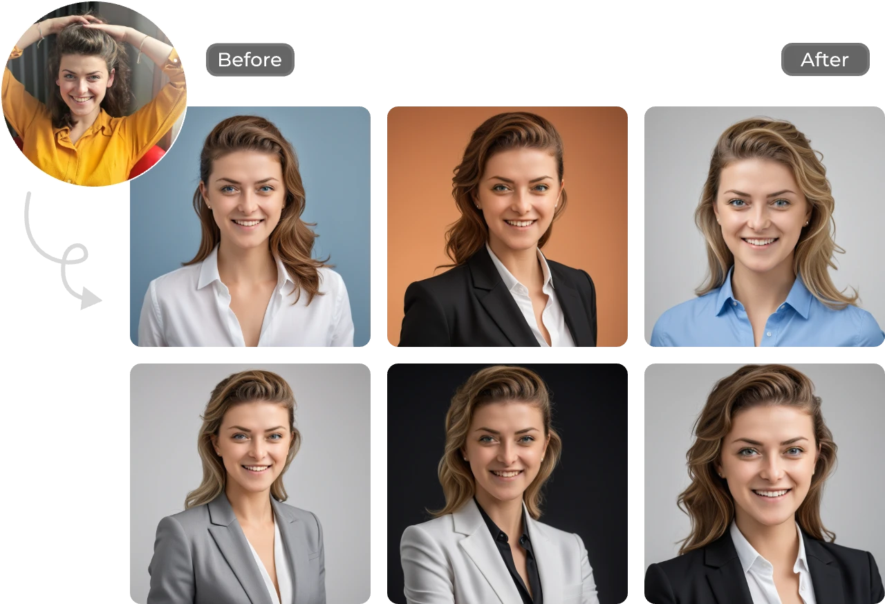 Transforme um retrato de mulher em 6 fotografias de rosto AI utilizando o gerador gratuito de fotografias de rosto profissionais AI Ease