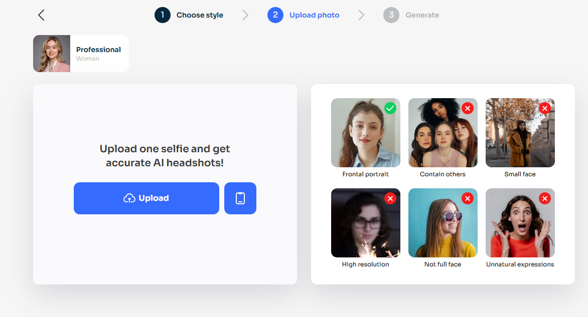 写真をアップロードする AI Ease 無料ヘッドショット・ジェネレーターのページ