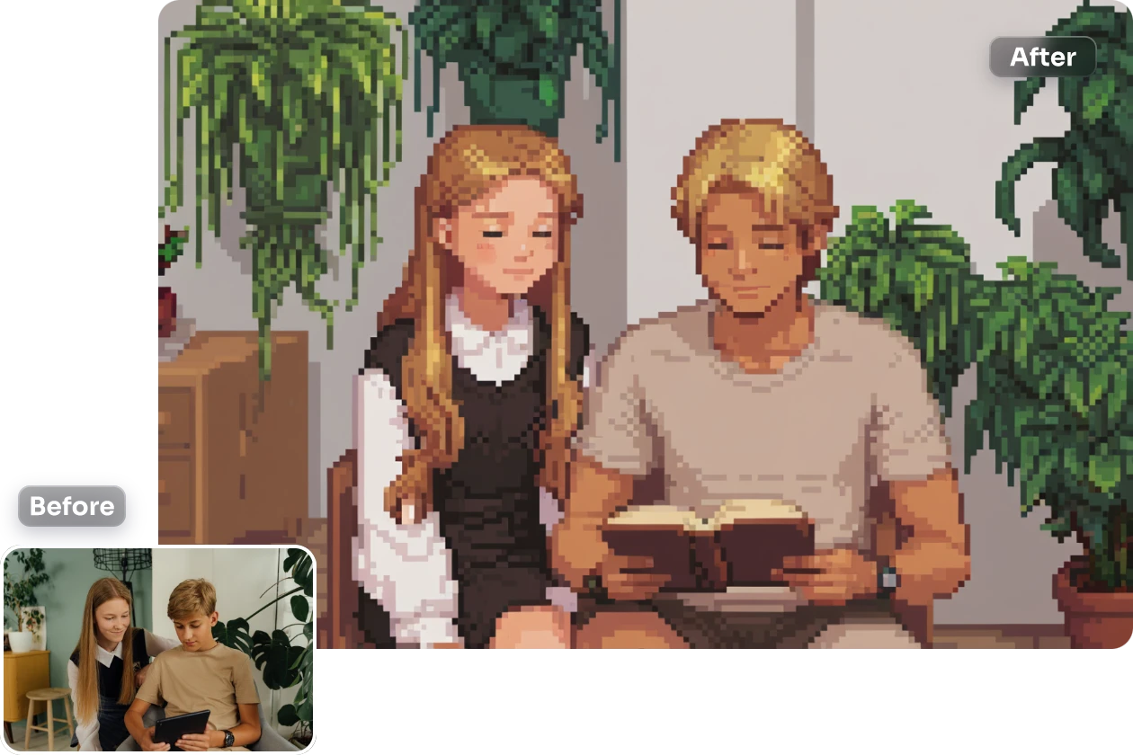 converter foto de leitura de casal em pixel art no AI Ease gratuitamente