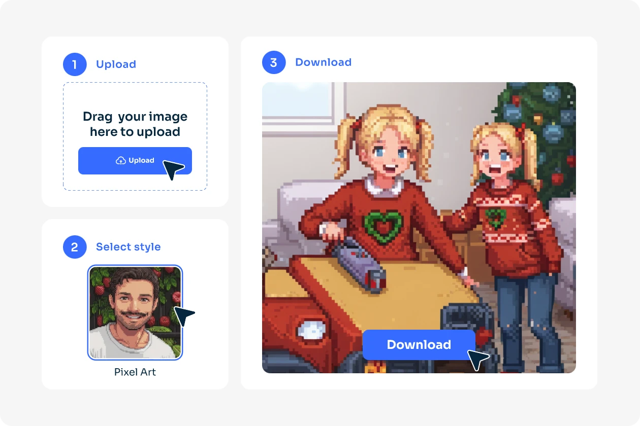 converter duas raparigas a jogar fotografia em pixel art no AI Ease gratuitamente