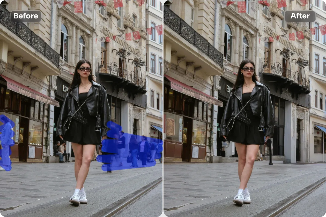 Entfernen von Personen aus einem einzelnen Reiseporträt mit ai ease object remover