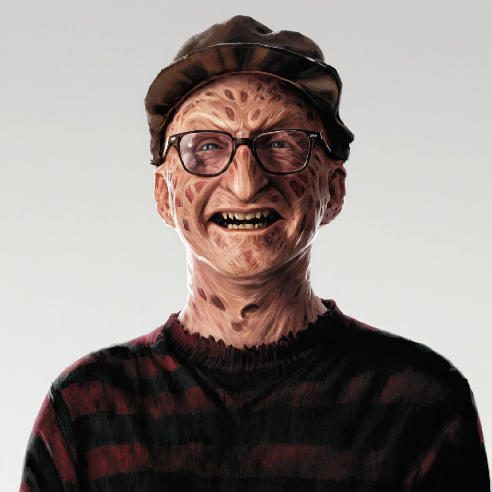 un viejo con un filtro krueger con sombrero