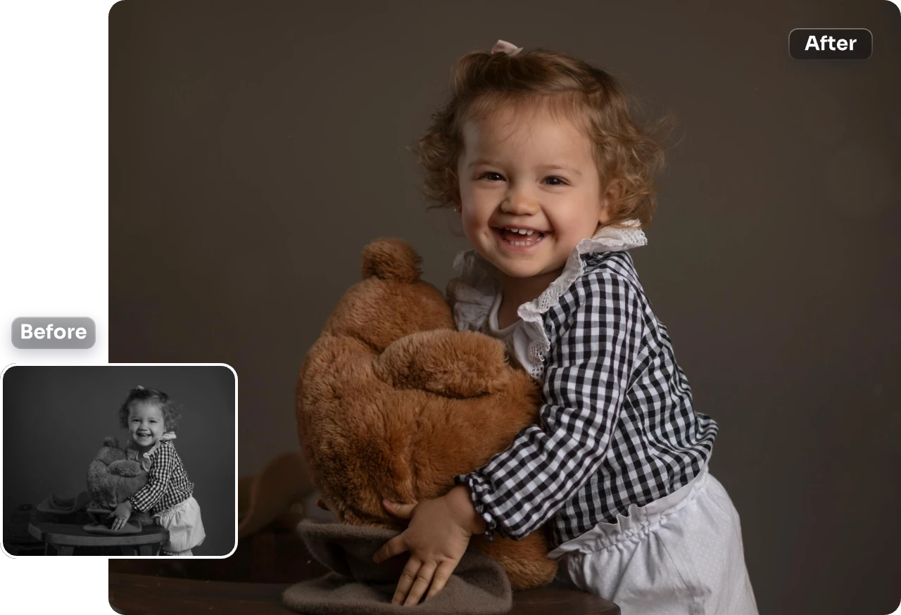 faixa de transformação de uma fotografia a preto e branco de uma menina numa fotografia colorida