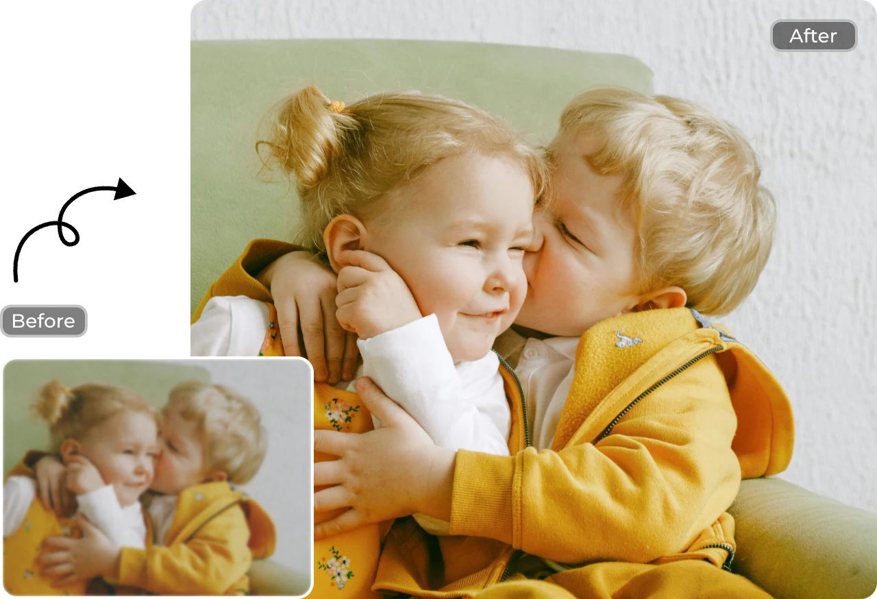 antes y después de los efectos de la mejora de la calidad de los niños-foto mediante el uso de AI Ease gratis AI photo enhancer