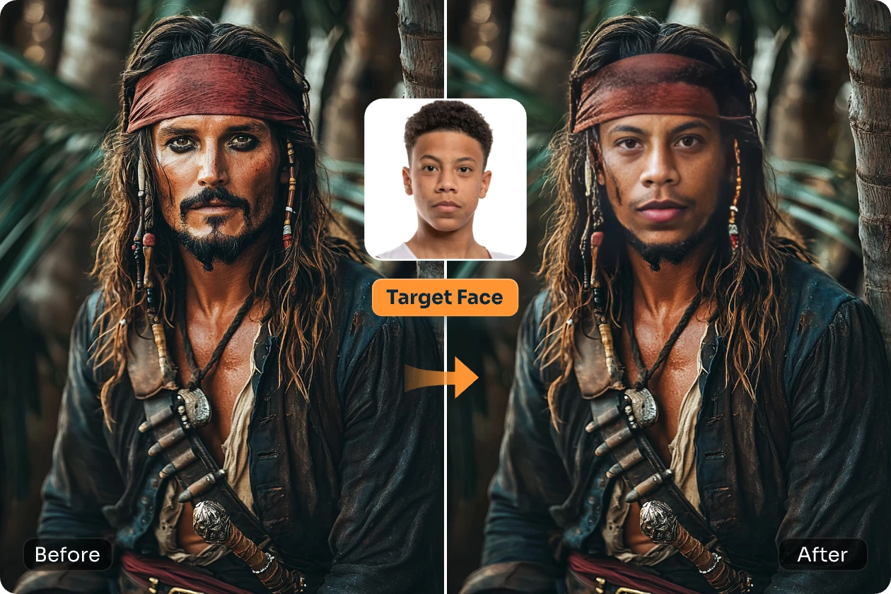 cambia la cara de pirata del caribe por la de otro hombre