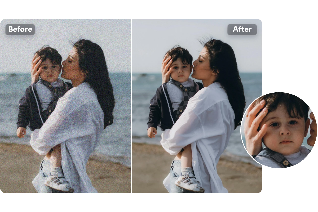 unblur a mother holding kid image with ai ease free image unblur tool