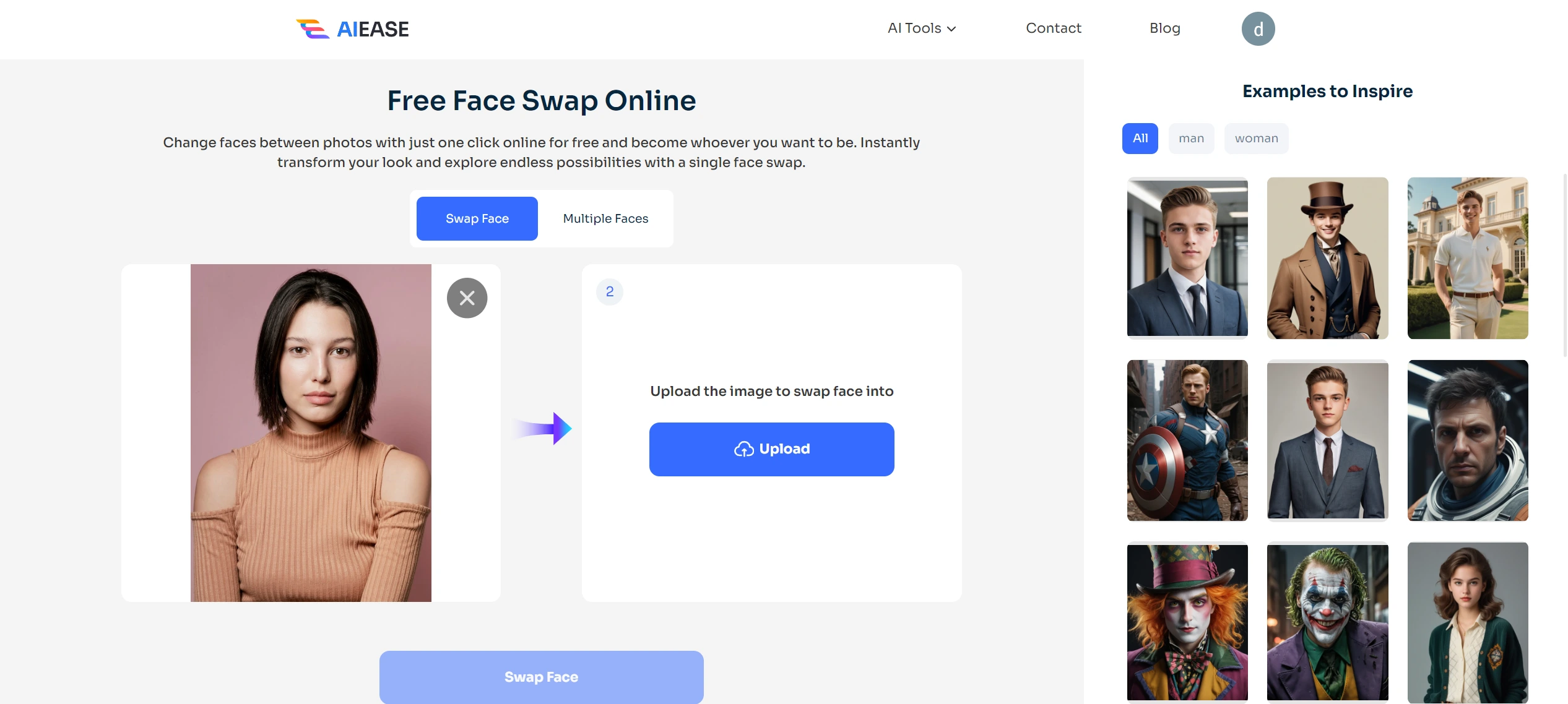 ターゲットの顔画像をai easeにアップロード 無料ai face swapper