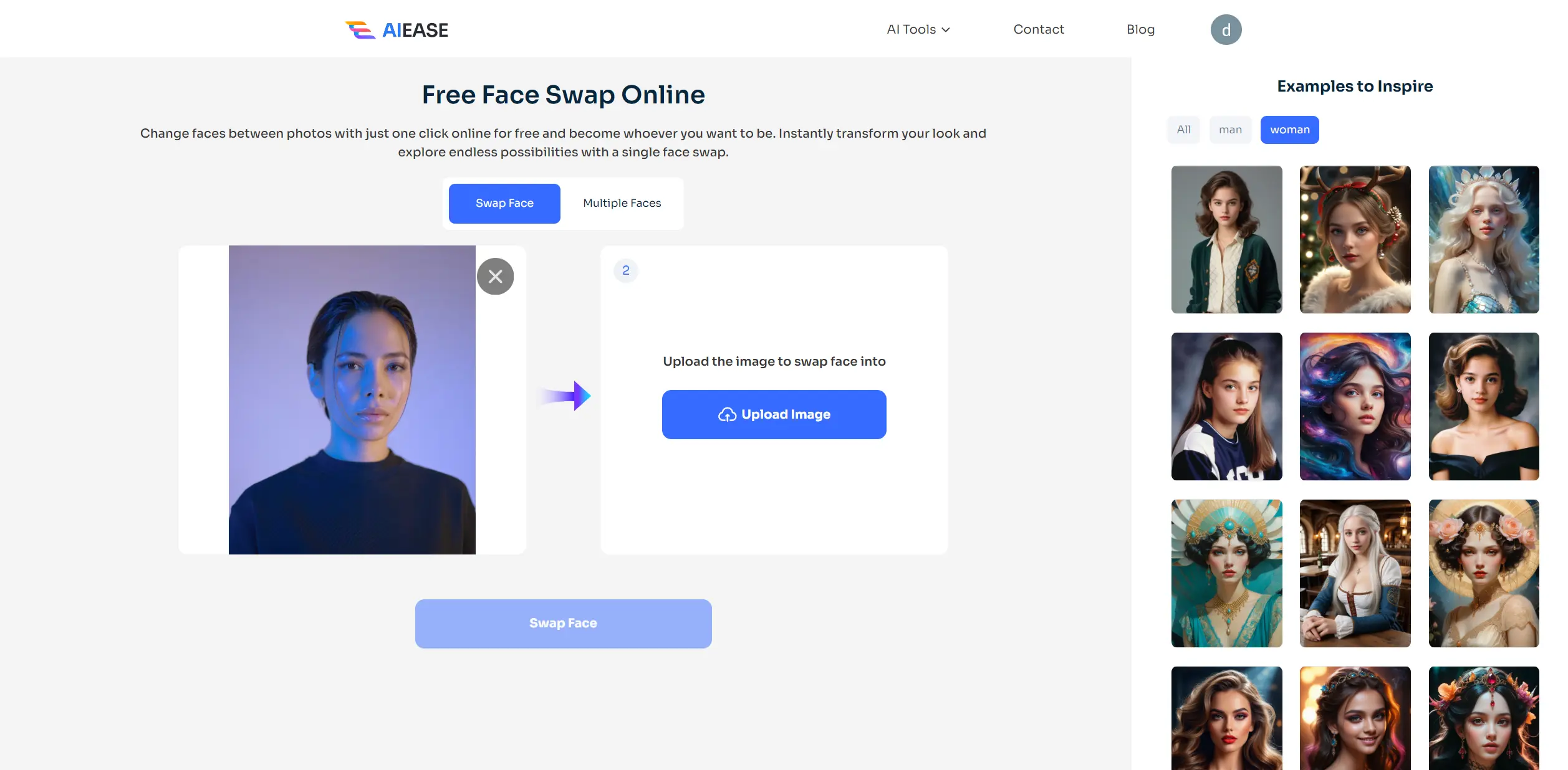 Hochladen eines Zielgesichts auf ai ease free face swapper