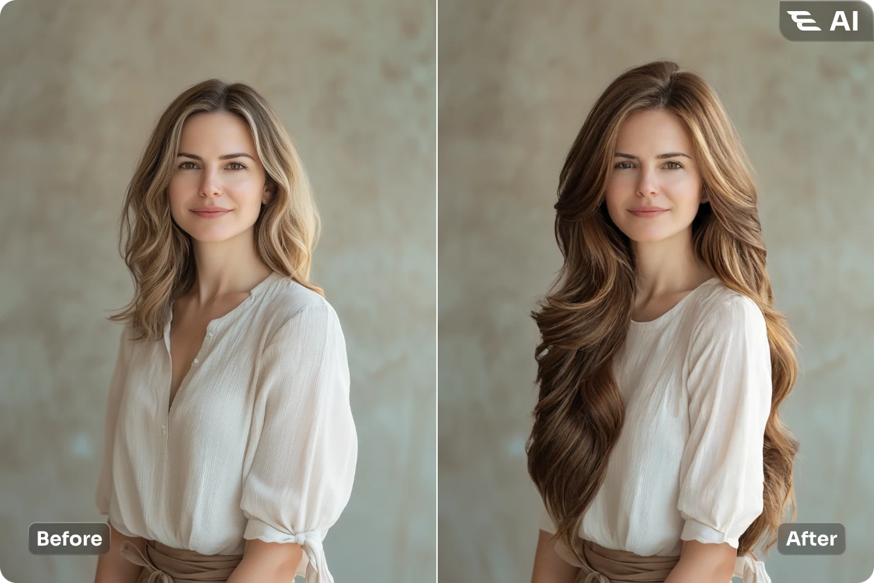 changer les cheveux de la femme en une coiffure permanente longue et ondulée en utilisant la coiffure permanente AI Ease