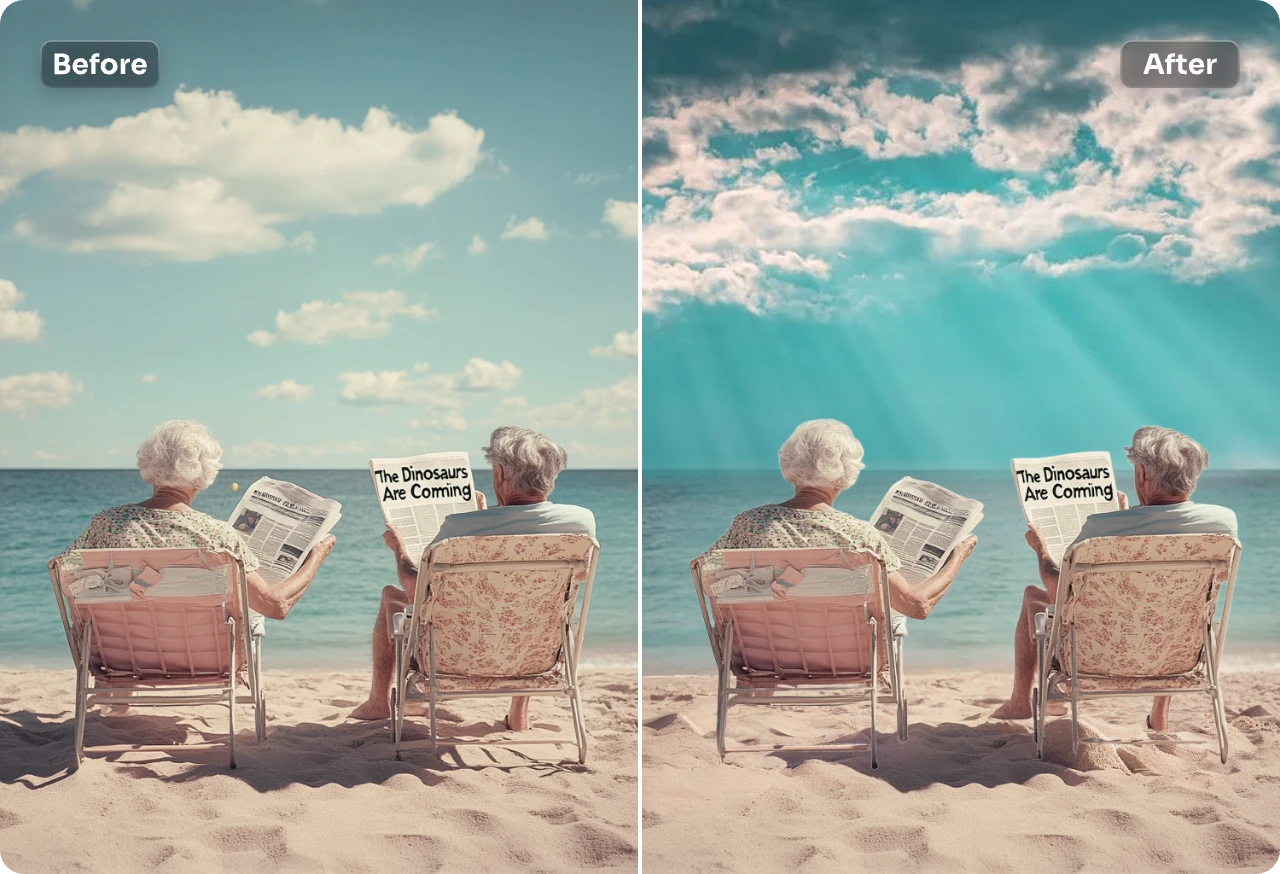 replace the background of two people sitting on beach chair image with a sunny sky with white clouds