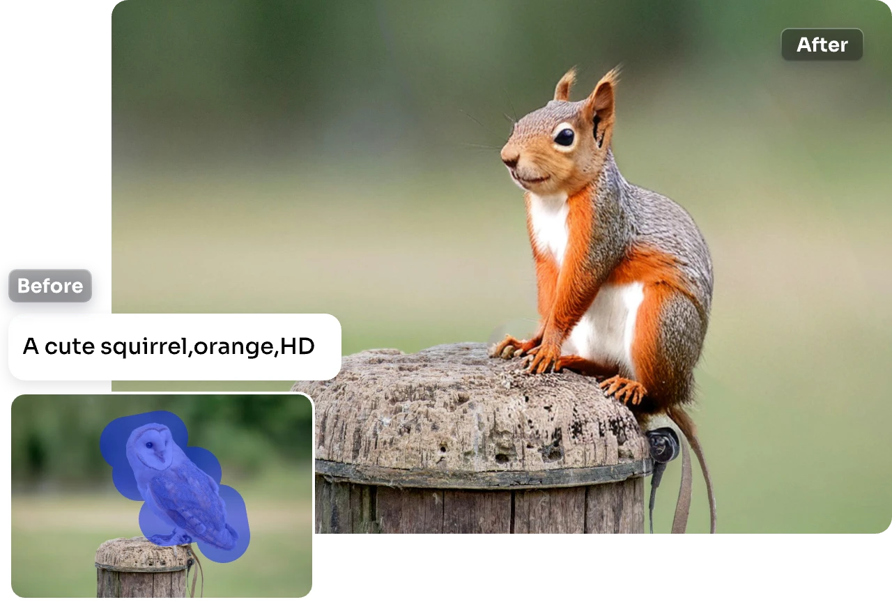 remplacer le hibou dans l'image par un écureuil orange en utilisant ai ease free ai replacer