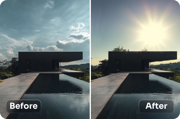 replace the sky background of a real estate photo with dizzy sunlight