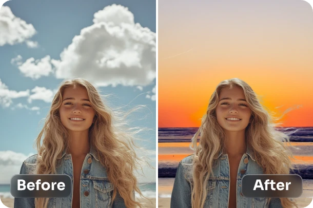 replace the white clouds background of a woman portrait with sunset