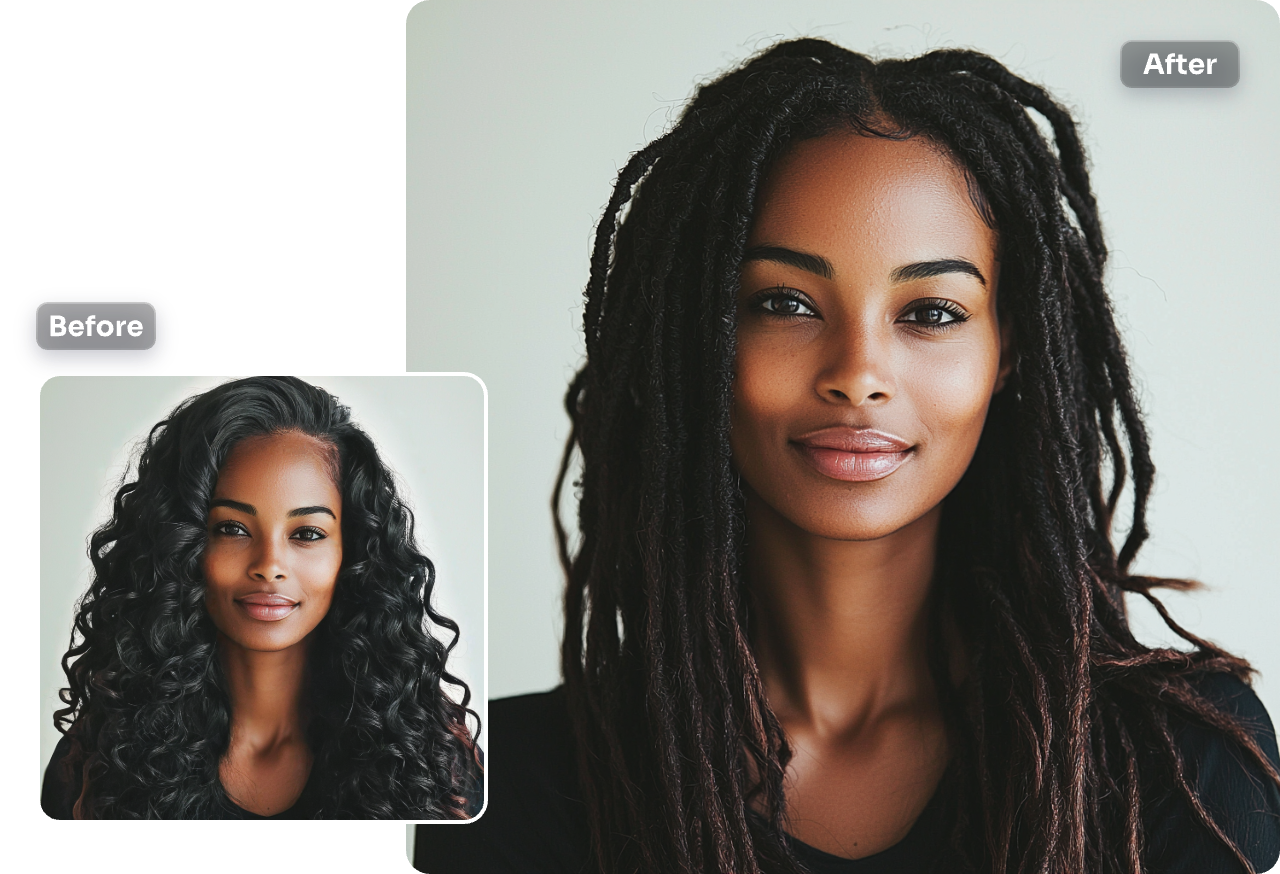 transform black woman's curly hair into afro hairstyle in seconds