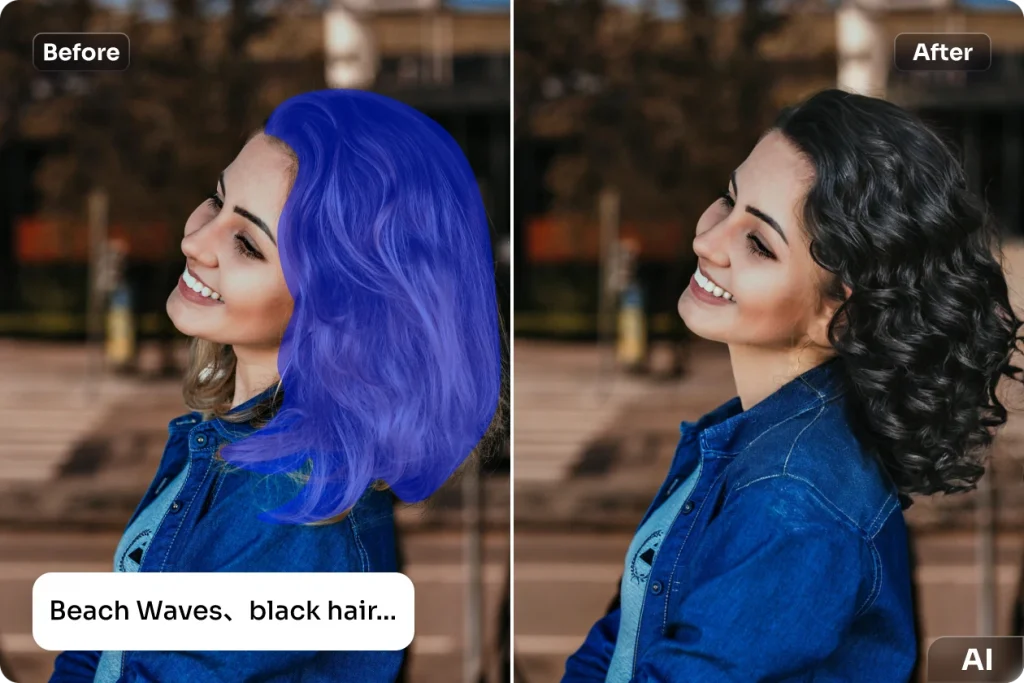 Essayez la couleur des cheveux noirs bouclés avec l'outil d'essai virtuel AI Ease