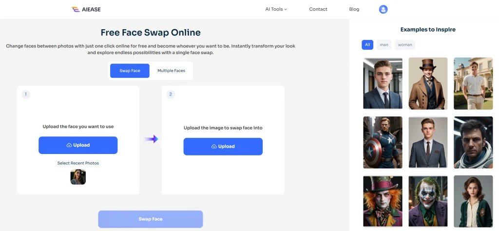 carga una foto en la herramienta de intercambio de caras ai ease