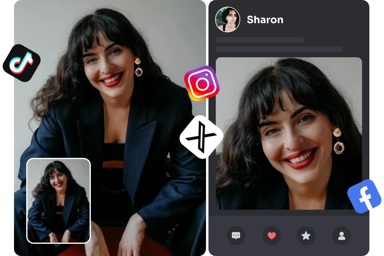 真珠のイヤリングをバーチャル試着し、女性のポートレートをソーシャルメディアでシェアする。