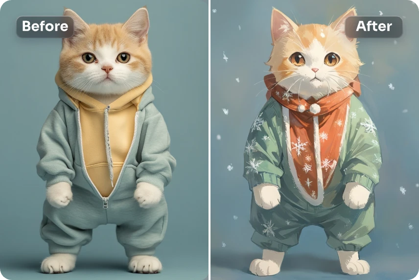 서 있는 귀여운 고양이가 크리스마스 필터를 사용합니다.