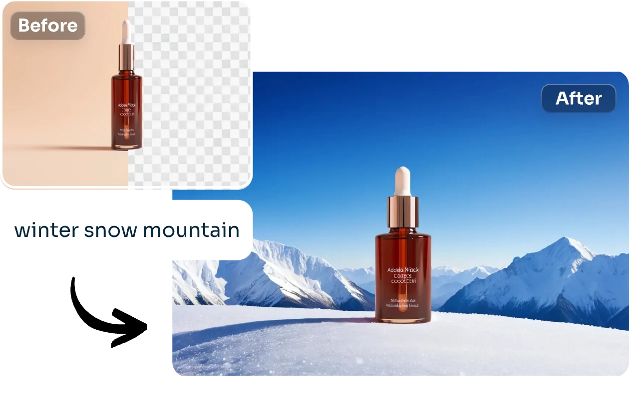 add a winter snow mountain background to a product photo