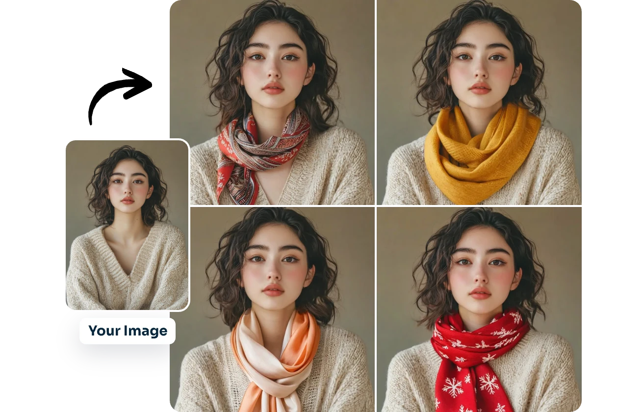 add four different style scarves to a girl which are flower patterned yellow red and orange