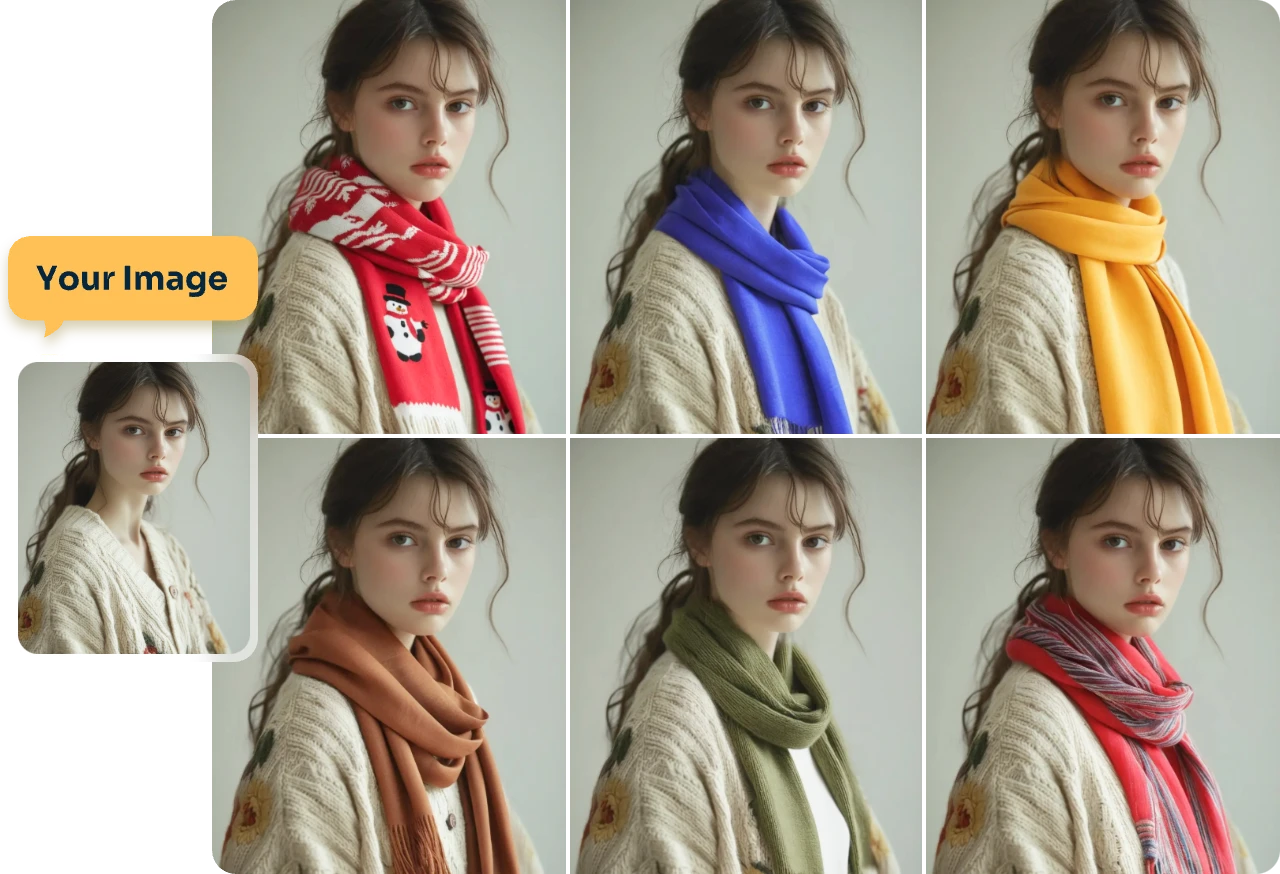 add red blue yellow brown green and colorful scarves to a girl in aiease