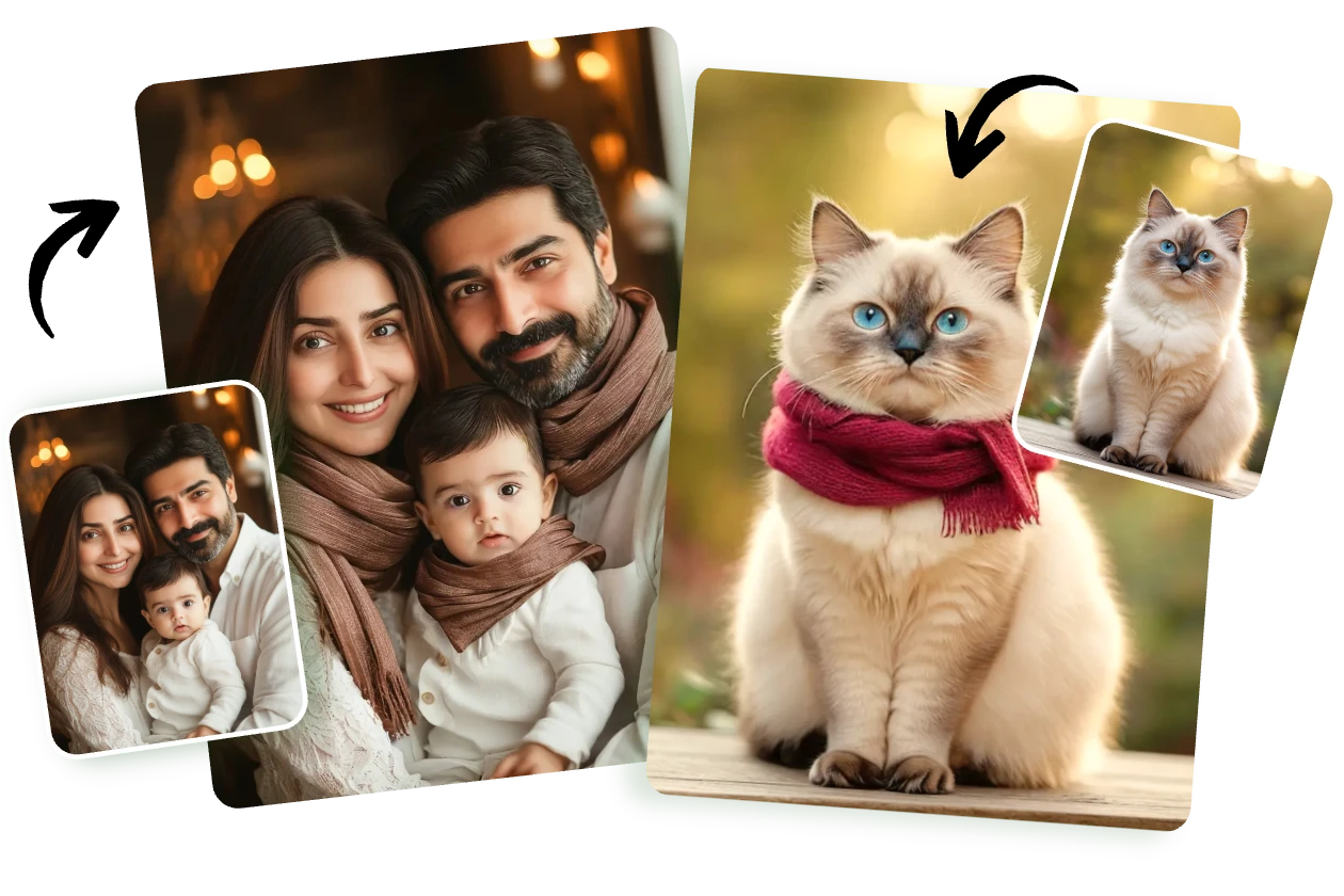 add scarves to a family portrait and add a red scarf to a cute cat image in aiease