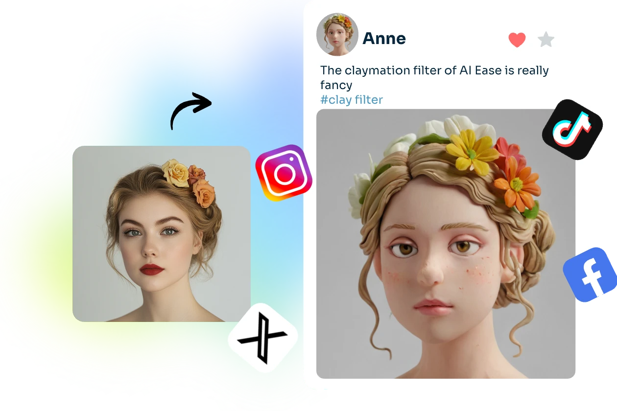 ajoutez le filtre claymation ai à une fille avec des fleurs sur la tête et publiez la photo avec l'effet claymation sur les médias sociaux avec les icônes ins x tiktok et facebook.