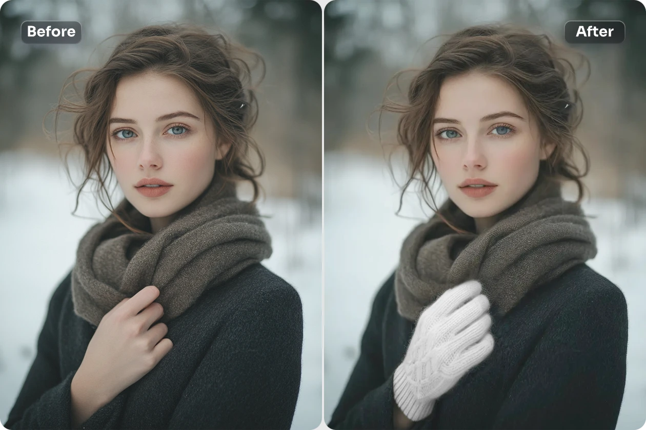 add white woolen gloves to a female winter portrait with ai ease for free