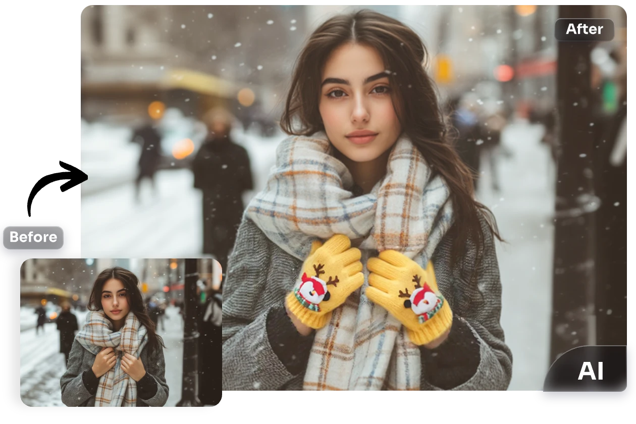 add yellow christmas gloves to a female touching chest image in seconds with ai